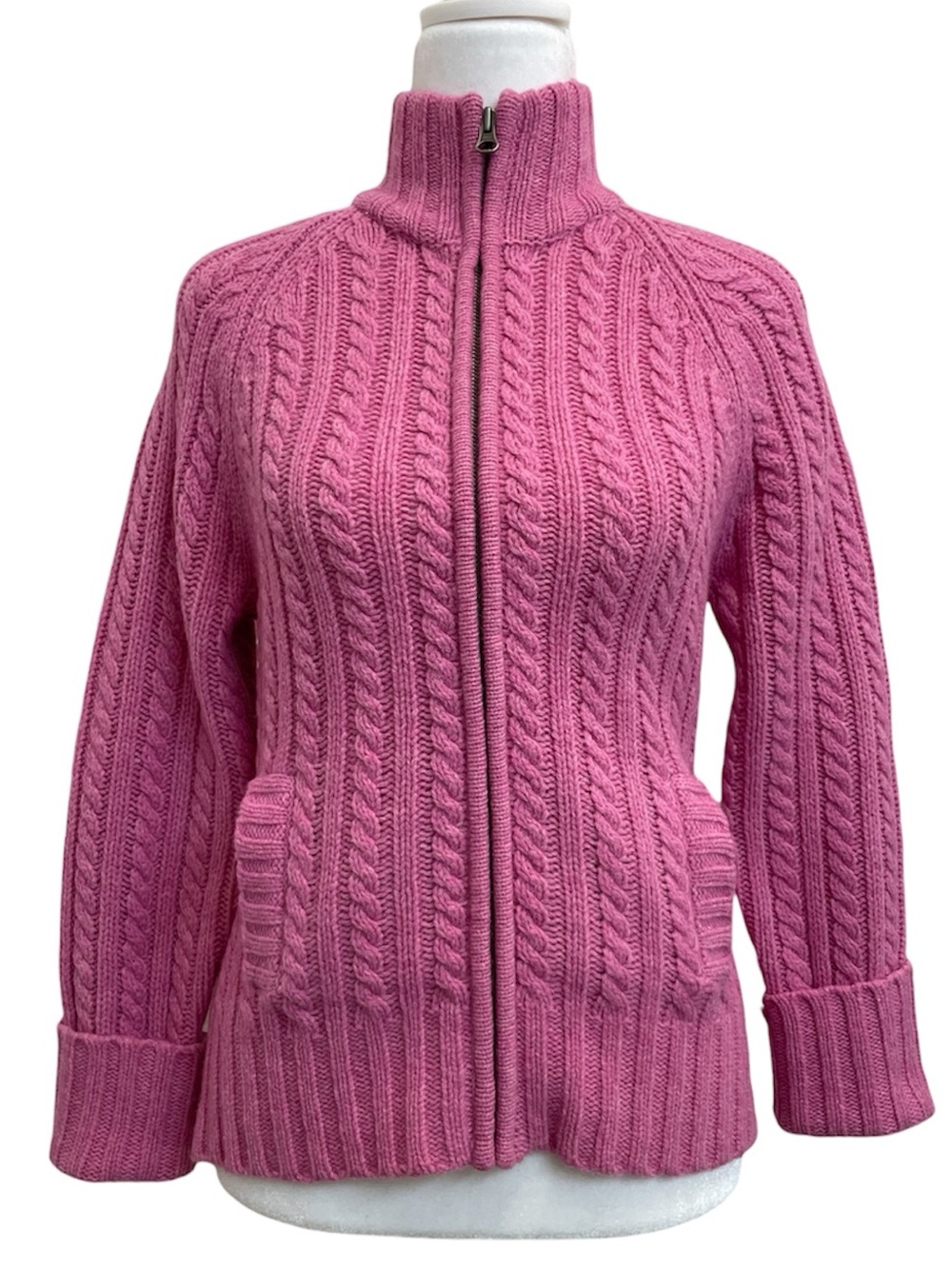 GAP Vintage Pink 100% Lambswool Cable Knit Mock Neck Full Zip Sweater